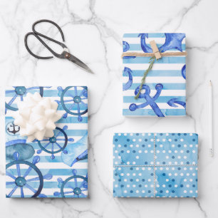 Watercolor Nautical Pattern Wrapping Paper Sheet