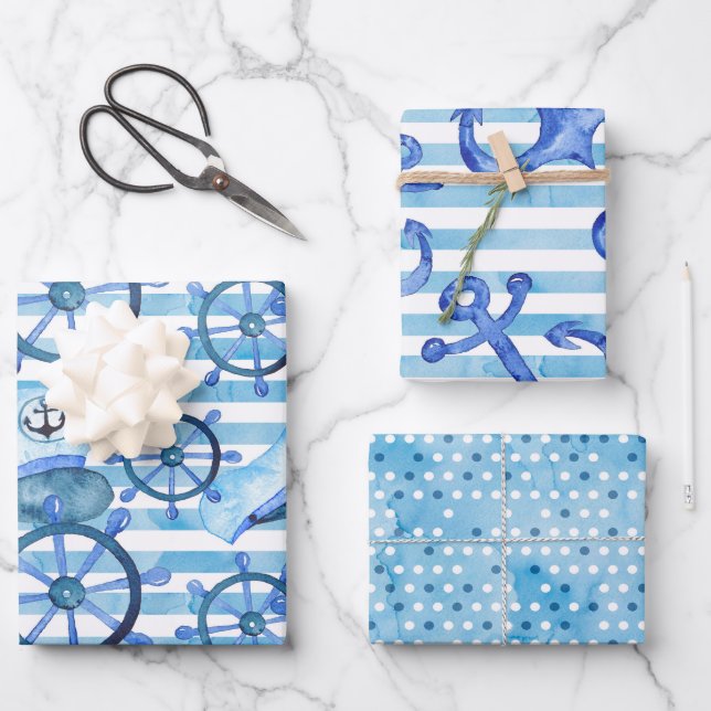 Watercolor Nautical Pattern Wrapping Paper Sheet (Front)