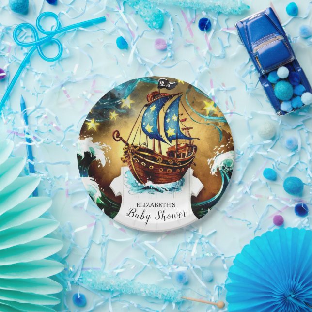 Watercolor Nautical Pirate Baby Shower Paper Plate (Party)