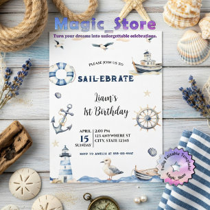 Watercolor Nautical Sail-Ebrate Sailboat Birthday Invitation