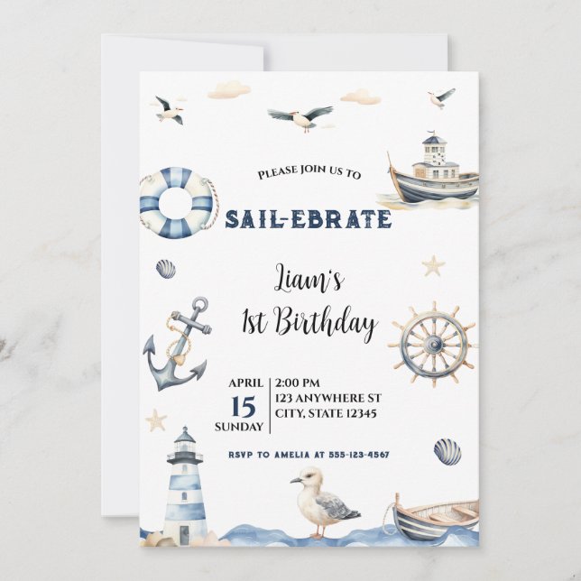 Watercolor Nautical Sail-Ebrate Sailboat Birthday Invitation (Front)