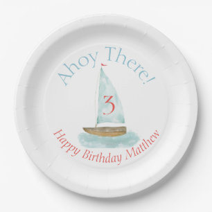 Watercolor Nautical Sailboat Birthday Paper Plate