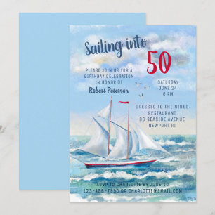 Watercolor Nautical Sailing Yacht 50th Birthday Invitation
