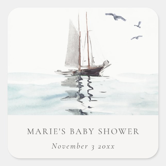 Watercolor Nautical Sailing Yacht Baby Shower Square Sticker (Front)