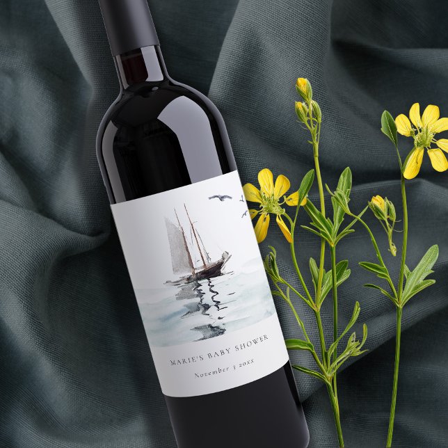 Watercolor Nautical Sailing Yacht Baby Shower Wine Label (Creator Uploaded)