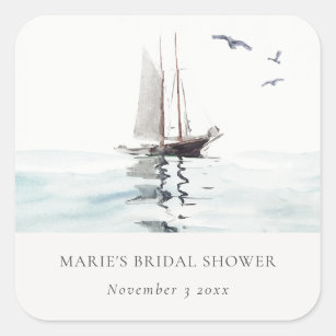 Watercolor Nautical Sailing Yacht Bridal Shower Square Sticker