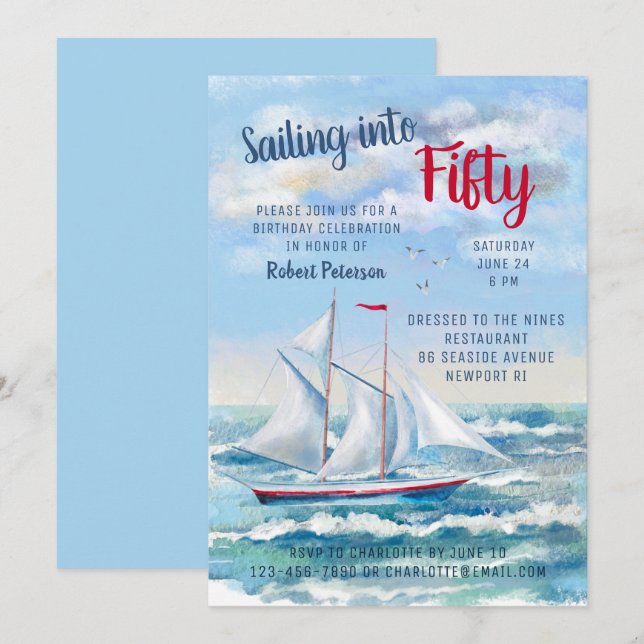 Watercolor Nautical Sailing Yacht Fifty Birthday Invitation (Front/Back)
