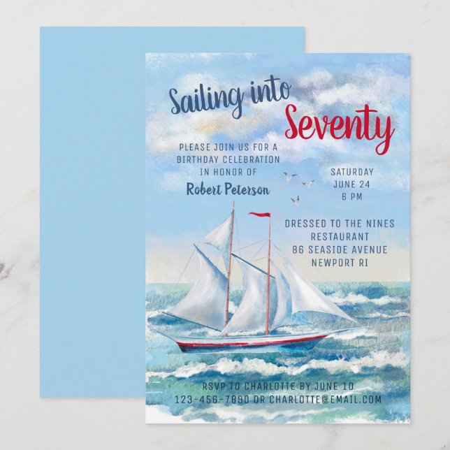 Watercolor Nautical Sailing Yacht Seventy Birthday Invitation (Front/Back)