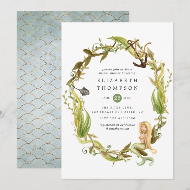Watercolor Nautical Seaweed Mermaid Bridal Shower Invitation (Front/Back)