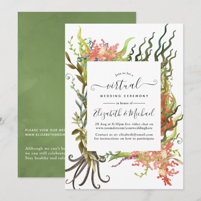 Watercolor Nautical Seaweed Online Virtual Wedding Invitation (Front/Back)