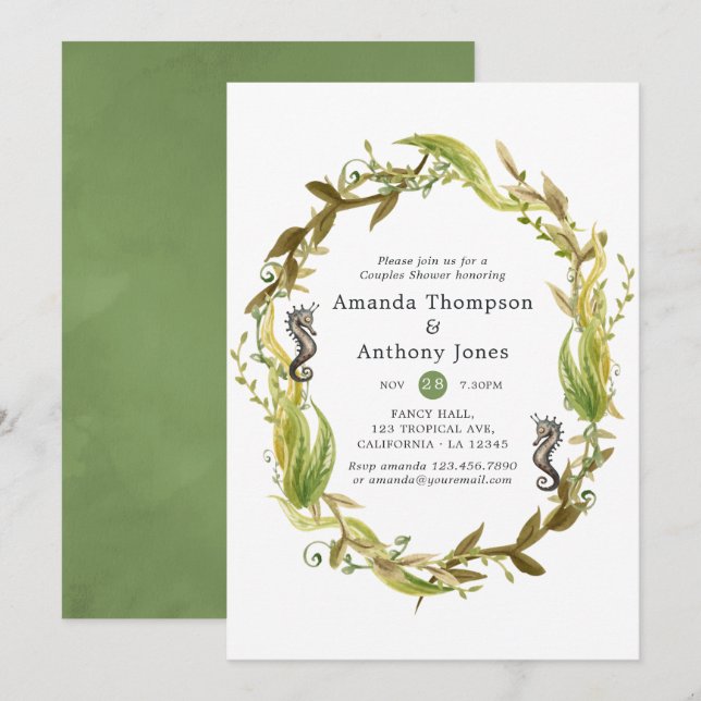 Watercolor Nautical Seaweed Wedding Couples Shower Invitation (Front/Back)