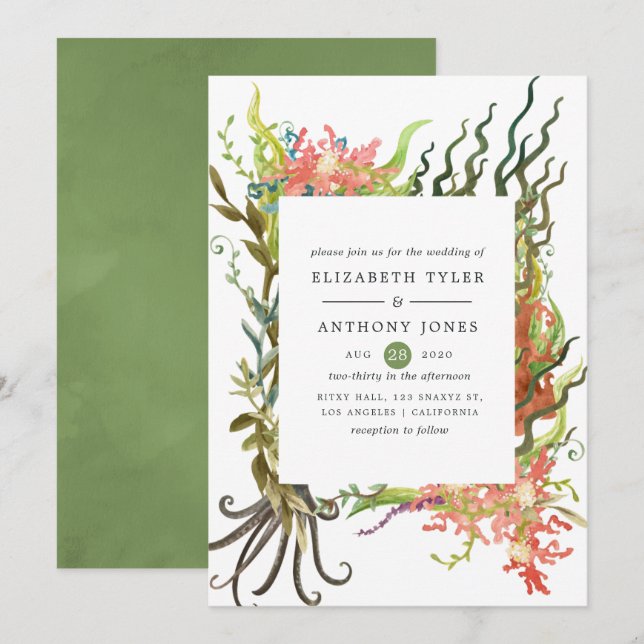 Watercolor Nautical Seaweed Wedding Invitation (Front/Back)