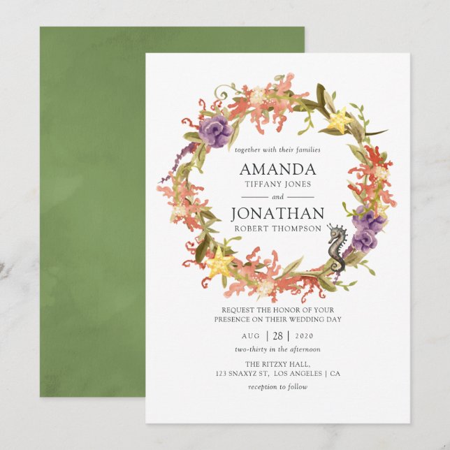 Watercolor Nautical Seaweed Wedding Invitation (Front/Back)