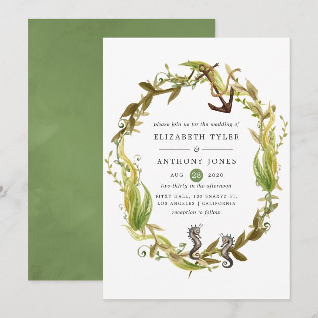 Watercolor Nautical Seaweed Wedding Invitation (Front/Back)