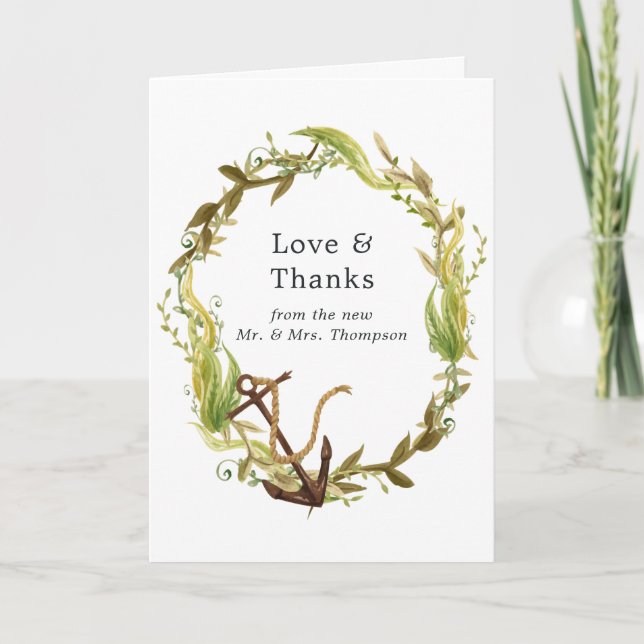 Watercolor Nautical Seaweed Wedding Photo Thank You Card (Front)