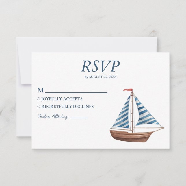 Watercolor Nautical Ship Sailing Yacht Wedding RSVP Card (Front)