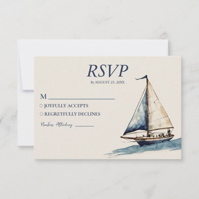 Watercolor Nautical Ship Sailing Yacht Wedding RSVP Card (Front)