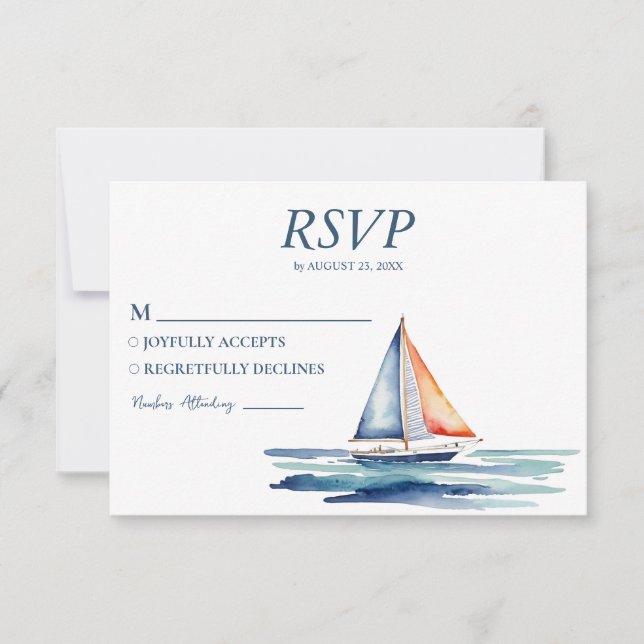 Watercolor Nautical Ship Sailing Yacht Wedding RSVP Card (Front)