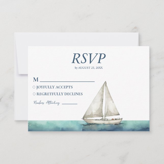 Watercolor Nautical Ship Sailing Yacht Wedding RSVP Card (Front)