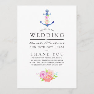 Watercolor Nautical Themed Floral Anchor Wedding Programme