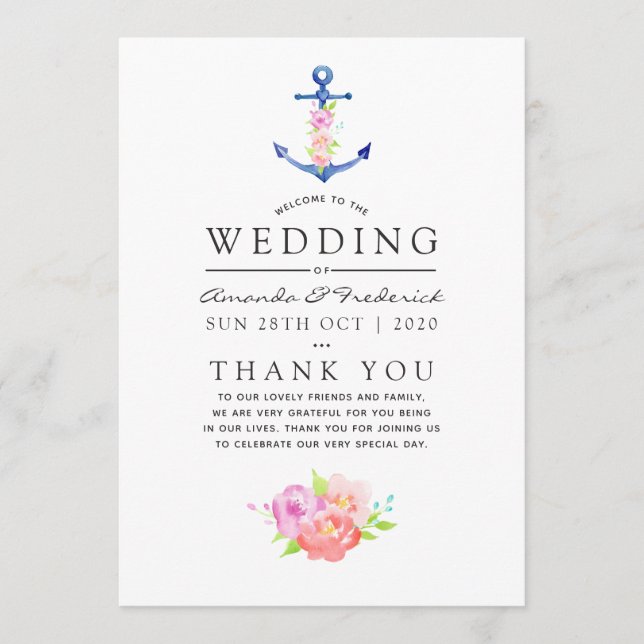 Watercolor Nautical Themed Floral Anchor Wedding Programme (Front)