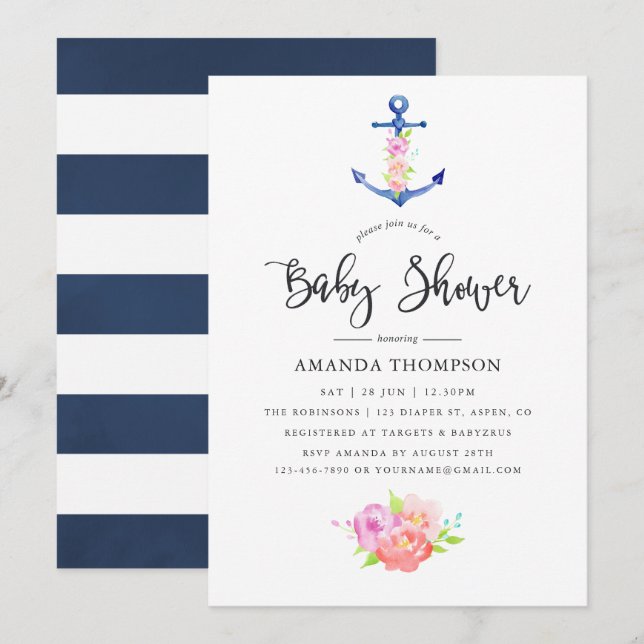 Watercolor Nautical Themed Floral Baby Shower Invitation (Front/Back)