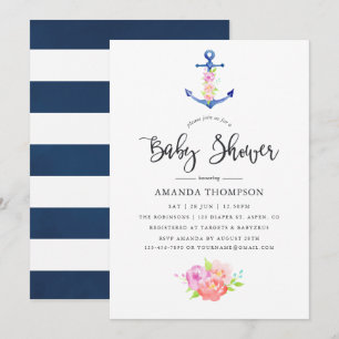 Watercolor Nautical Themed Floral Baby Shower Invitation