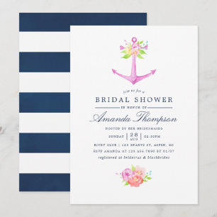 Watercolor Nautical Themed Floral Bridal Shower Invitation