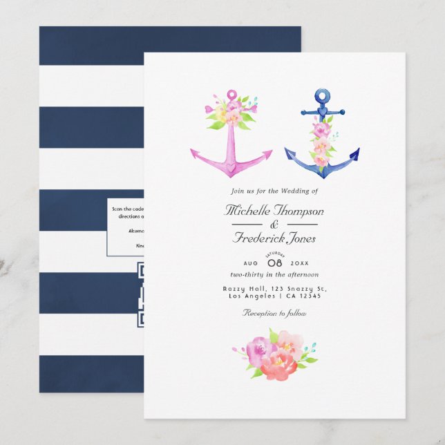 Watercolor Nautical Themed Floral QR Code Wedding  Invitation (Front/Back)