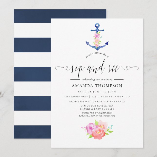 Watercolor Nautical Themed Floral Sip and See Invitation (Front/Back)