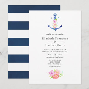 Watercolor Nautical Themed Floral Wedding Invitation