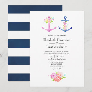 Watercolor Nautical Themed Floral Wedding Invitation