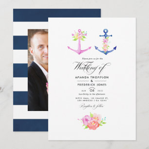 Watercolor Nautical Themed Floral Wedding Photo Invitation