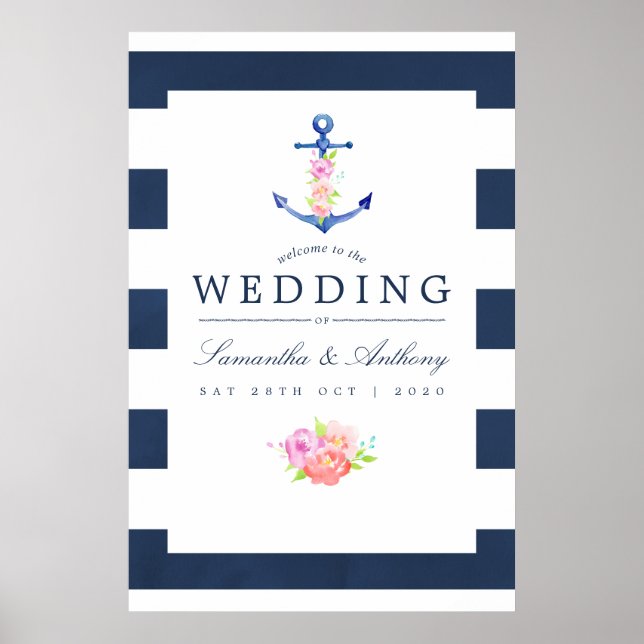Watercolor Nautical Themed Floral Wedding Poster (Front)