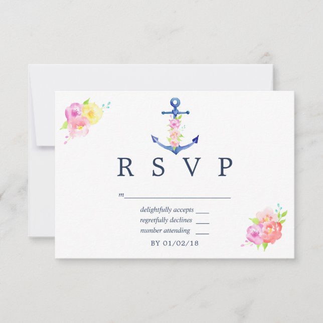 Watercolor Nautical Themed Floral Wedding RSVP (Front)