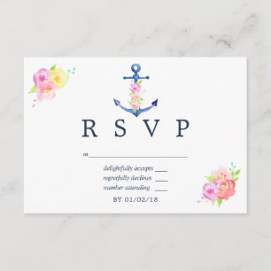 Watercolor Nautical Themed Floral Wedding RSVP Card
