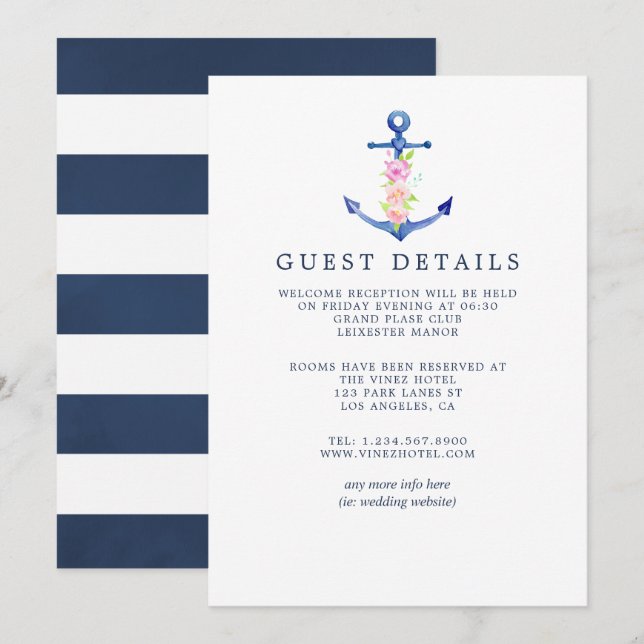 Watercolor Nautical Themed Wedding Guest Details Invitation (Front/Back)