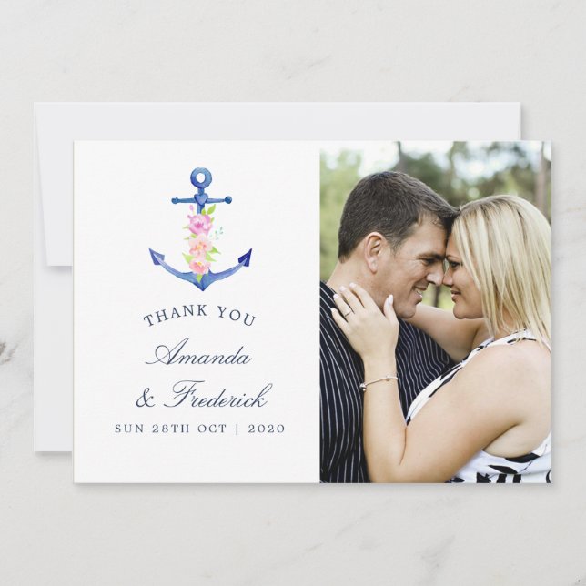 Watercolor Nautical Themed Wedding Thank You Card (Front)