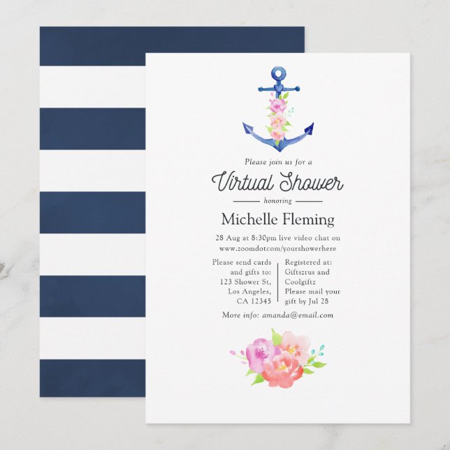 Watercolor Nautical Virtual Baby Shower Invitation (Front/Back)