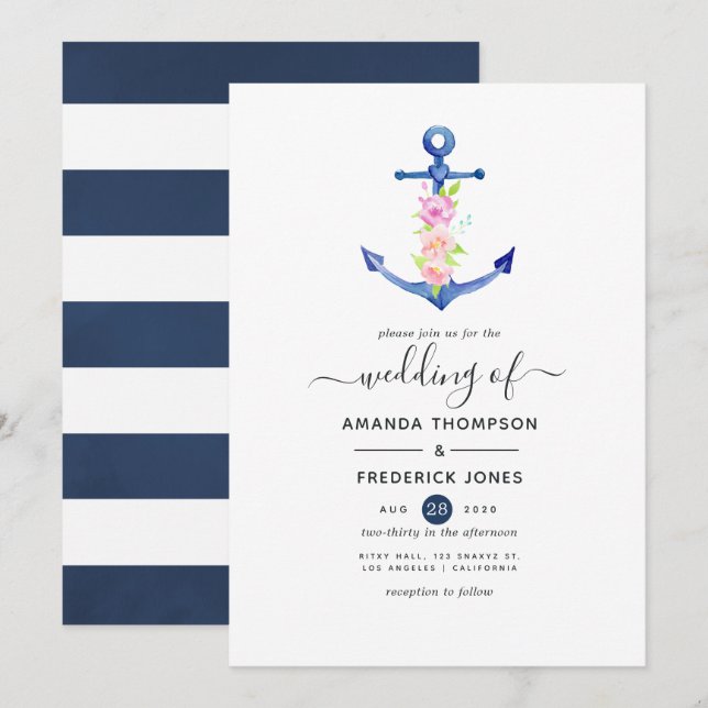 Watercolor Nautical Wedding Invitation (Front/Back)