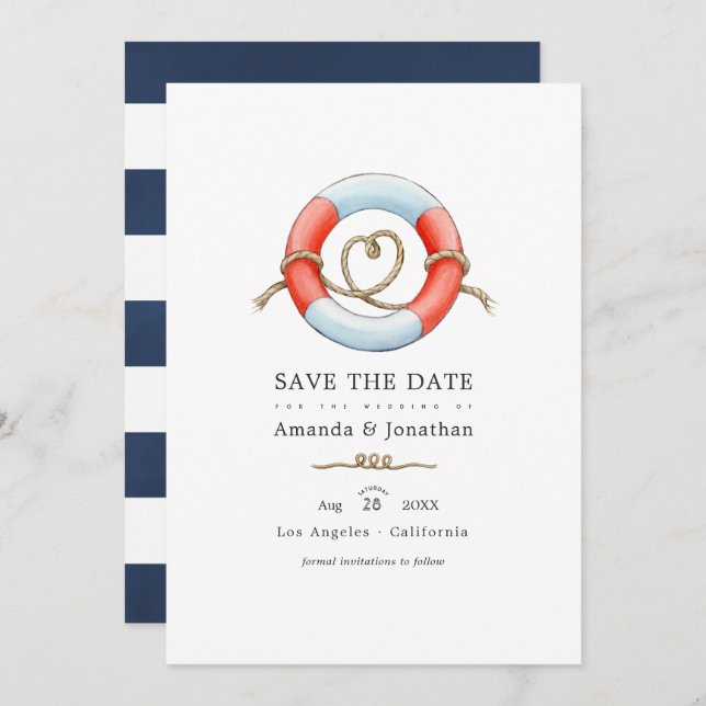 Watercolor Nautical Wedding Photo Save The Date (Front/Back)