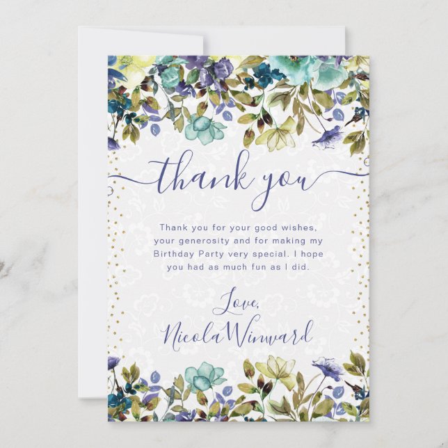 Watercolor Navy and Blue Flowers Birthday Thank You Card (Front)