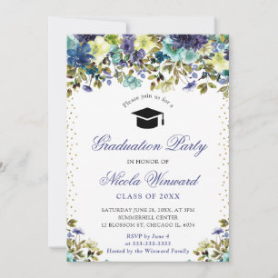 Watercolor Navy and Blue Flowers Graduation Invitation