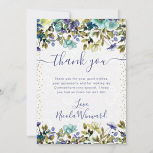 Watercolor Navy and Blue Flowers Quinceanera Thank You Card