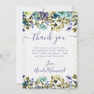 Watercolor Navy and Blue Flowers Sweet 16 Thank You Card