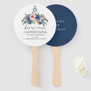 Watercolor Navy and Blush Floral Bat Mitzvah Hand Fan