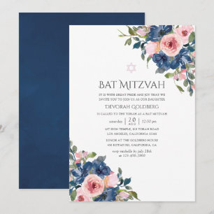 Watercolor Navy and Blush Floral Bat Mitzvah Invitation