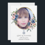 Watercolor Navy and Blush Floral Bat Mitzvah Photo Thank You Card<br><div class="desc">Trendy blush pink and navy blue floral bat mitzvah thank you cards with gold frame customisable to your event specifics.</div>