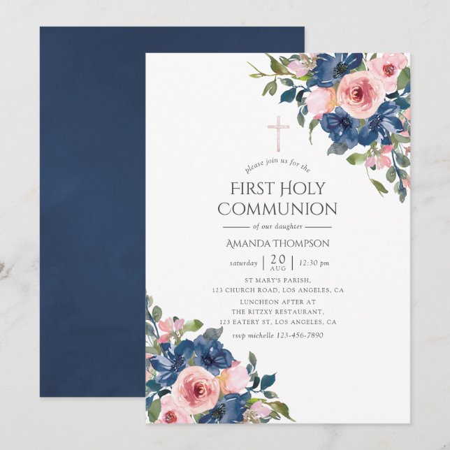 Watercolor Navy and Blush Floral First Communion Invitation (Front/Back)
