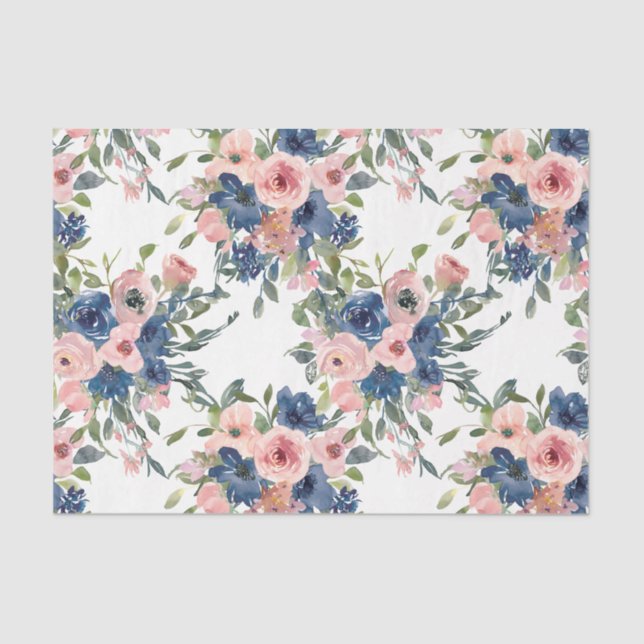 Watercolor Navy and Blush Floral Tissue Paper (Front)